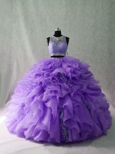 Fantastic Sleeveless Organza and Sequined Floor Length Brush Train Zipper Sweet 16 Quinceanera Dress in Lavender with Beading and Ruffles