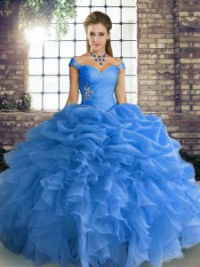 Beautiful Sleeveless Organza Floor Length Lace Up 15 Quinceanera Dress in Blue with Beading and Ruffles and Pick Ups