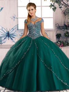 Tulle Sweetheart Cap Sleeves Brush Train Lace Up Beading Quince Ball Gowns in Green