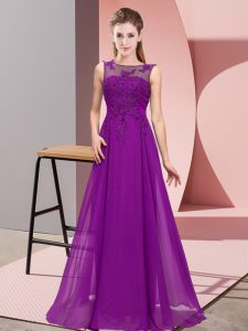 Classical Sleeveless Chiffon Floor Length Zipper Quinceanera Court Dresses in Purple with Beading and Appliques