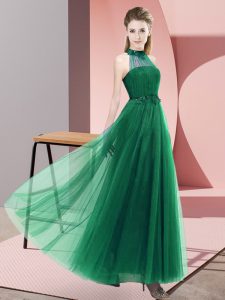 High Class Sleeveless Floor Length Beading and Appliques Lace Up Quinceanera Dama Dress with Dark Green