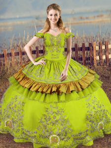 Stunning Olive Green Satin Lace Up Vestidos de Quinceanera Sleeveless Floor Length Embroidery