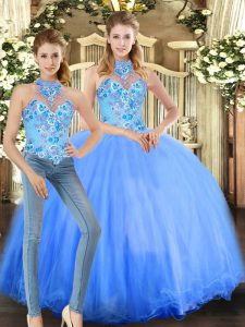 Luxurious Blue Halter Top Lace Up Embroidery Quinceanera Dresses Sleeveless