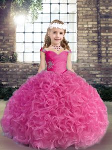 Floor Length Fuchsia Little Girls Pageant Dress Straps Sleeveless Lace Up