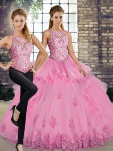 Rose Pink Womens Party Dresses Military Ball and Sweet 16 and Quinceanera with Lace and Embroidery and Ruffles Scoop Sleeveless Lace Up