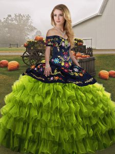 Comfortable Olive Green Lace Up 15th Birthday Dress Embroidery and Ruffled Layers Sleeveless Floor Length