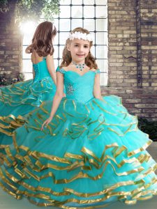 Aqua Blue Girls Pageant Dresses Party and Wedding Party with Beading and Ruching Straps Sleeveless Lace Up