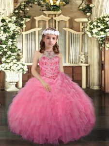 Amazing Pink Ball Gowns Tulle Scoop Sleeveless Beading Floor Length Lace Up Little Girl Pageant Gowns