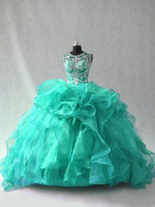 Perfect Sleeveless Floor Length Beading and Ruffles Lace Up 15th Birthday Dress with Turquoise
