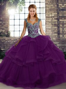 Delicate Tulle Sleeveless Floor Length Quinceanera Dresses and Beading and Ruffles