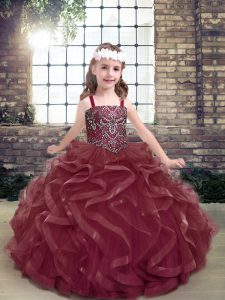 On Sale Organza Straps Sleeveless Lace Up Beading and Ruffles Pageant Gowns For Girls in Burgundy