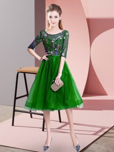 Green Lace Up Scoop Embroidery Quinceanera Dama Dress Tulle Half Sleeves