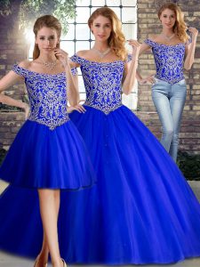 Beautiful Off The Shoulder Sleeveless Brush Train Lace Up Vestidos de Quinceanera Royal Blue Tulle