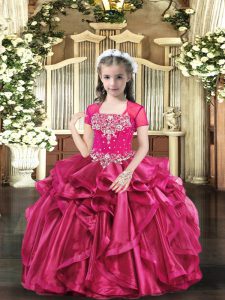 High Quality Organza Straps Sleeveless Lace Up Beading Little Girl Pageant Dress in Hot Pink