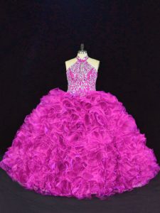 Best Selling Fuchsia Sleeveless Organza Lace Up Ball Gown Prom Dress for Sweet 16 and Quinceanera