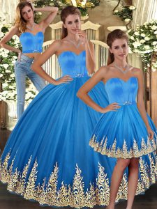 Noble Sleeveless Tulle Floor Length Lace Up Ball Gown Prom Dress in Baby Blue with Embroidery