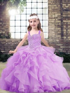 Floor Length Lace Up Kids Pageant Dress Lavender for Party and Sweet 16 and Wedding Party with Beading and Ruffles