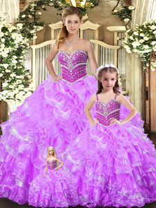 Popular Sweetheart Sleeveless 15 Quinceanera Dress Floor Length Beading and Ruffles Lilac Organza