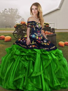 Enchanting Organza Off The Shoulder Sleeveless Lace Up Embroidery and Ruffles 15 Quinceanera Dress in Green