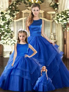 Scoop Sleeveless Lace Up Ball Gown Prom Dress Royal Blue Tulle