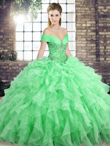 Inexpensive Apple Green Off The Shoulder Lace Up Beading and Ruffles Quinceanera Gowns Brush Train Sleeveless