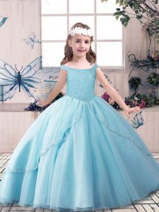 Admirable Sleeveless Floor Length Beading Lace Up Little Girl Pageant Gowns with Blue