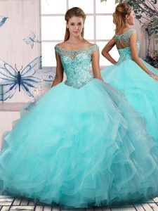 Tulle Off The Shoulder Sleeveless Lace Up Beading and Ruffles 15th Birthday Dress in Aqua Blue