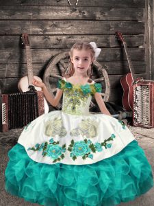 Attractive Floor Length Turquoise Little Girls Pageant Gowns Organza Sleeveless Beading and Embroidery and Ruffles