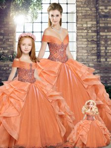 Perfect Orange Organza Lace Up Ball Gown Prom Dress Sleeveless Floor Length Beading and Ruffles