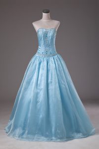 Beauteous Baby Blue Ball Gowns Organza Strapless Sleeveless Beading Floor Length Lace Up 15th Birthday Dress