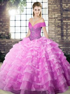 Excellent Lilac Sleeveless Beading and Ruffled Layers Lace Up Vestidos de Quinceanera