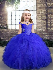 Top Selling Floor Length Ball Gowns Sleeveless Blue Child Pageant Dress Lace Up