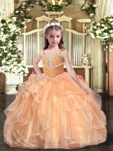 Perfect Peach Lace Up Straps Beading and Ruffles Kids Pageant Dress Organza Sleeveless