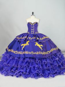Gorgeous Sweetheart Sleeveless Sweet 16 Dress Brush Train Embroidery and Ruffled Layers Purple Organza