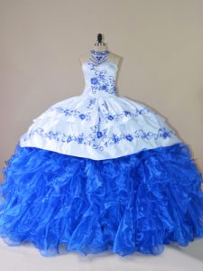 Elegant Royal Blue Halter Top Lace Up Embroidery and Ruffles Quinceanera Dresses Court Train Sleeveless