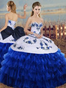 Royal Blue Vestidos de Quinceanera Military Ball and Sweet 16 and Quinceanera with Embroidery and Ruffled Layers and Bowknot Sweetheart Sleeveless Lace Up