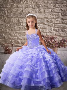 Classical Ball Gowns Kids Formal Wear Lavender Straps Organza Sleeveless Floor Length Lace Up