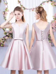 Sumptuous Baby Pink Vestidos de Damas Wedding Party with Bowknot V-neck Sleeveless Lace Up