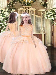 Peach Ball Gowns Organza Scoop Sleeveless Lace Floor Length Zipper Little Girls Pageant Dress Wholesale