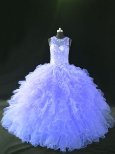 Sophisticated Lavender Tulle Lace Up Ball Gown Prom Dress Sleeveless Floor Length Beading and Ruffles