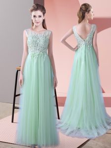 Hot Sale Apple Green Dama Dress for Quinceanera Tulle Brush Train Sleeveless Beading and Lace