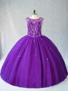 Purple Ball Gowns Scoop Sleeveless Tulle Floor Length Lace Up Beading and Appliques Quinceanera Gown