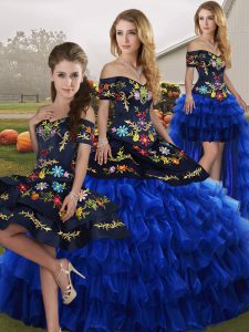Floor Length Blue And Black Vestidos de Quinceanera Off The Shoulder Sleeveless Lace Up