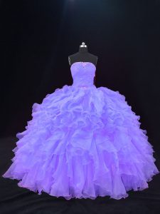 New Arrival Purple Ball Gowns Beading and Ruffles 15 Quinceanera Dress Lace Up Organza Sleeveless Floor Length