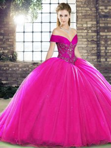 Custom Designed Off The Shoulder Sleeveless Organza Ball Gown Prom Dress Beading Brush Train Lace Up