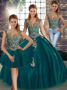 Beading and Appliques 15th Birthday Dress Peacock Green Lace Up Sleeveless Floor Length
