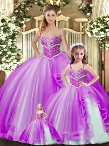 Fancy Floor Length Lavender Quinceanera Gowns Tulle Sleeveless Beading