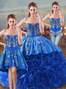 Eye-catching Floor Length Lace Up 15 Quinceanera Dress Royal Blue for Sweet 16 and Quinceanera with Embroidery and Ruffles