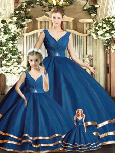 Floor Length Ball Gowns Sleeveless Navy Blue 15th Birthday Dress Backless