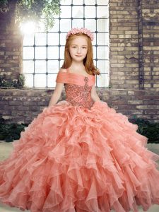 Floor Length Ball Gowns Sleeveless Peach Little Girls Pageant Gowns Lace Up